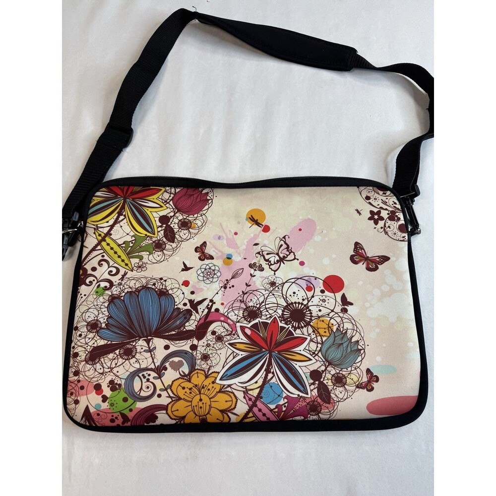 Flowers butterflies Neoprene laptop bag sleeve with shoulder strap 11.5" x 15.6"